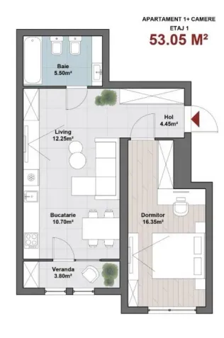 1-camere apartament, 53 m² — Imagine 2