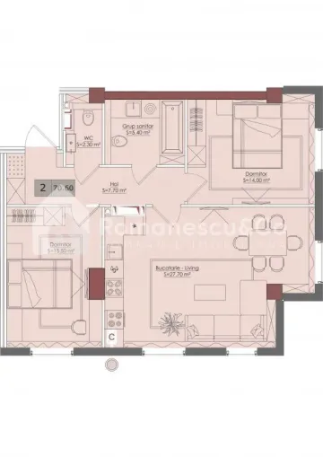 2-camere apartament, 70.6 m² — Imagine 2