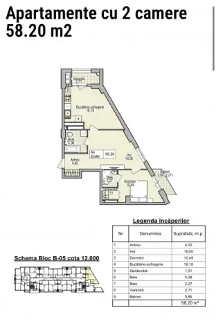 2-camere apartament, 58 m² — Imagine 2