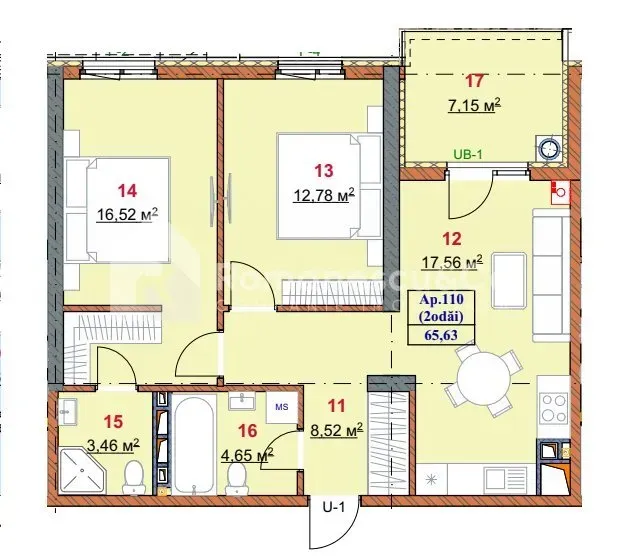 2-camere apartament, 65.63 m² — Imagine 1