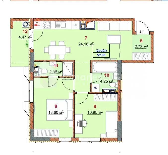 2-camere apartament, 59.98 m² — Imagine 1