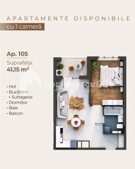 1-camere apartament, 41.15 m² — Imagine 1