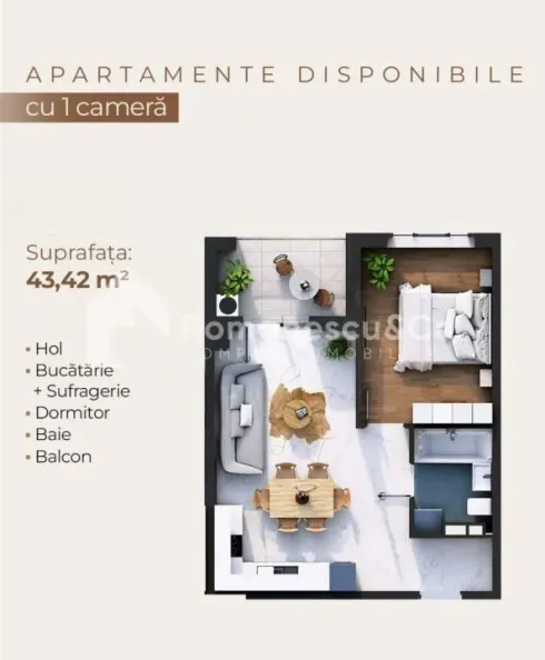 1-camere apartament, 43.42 m² — Imagine 1