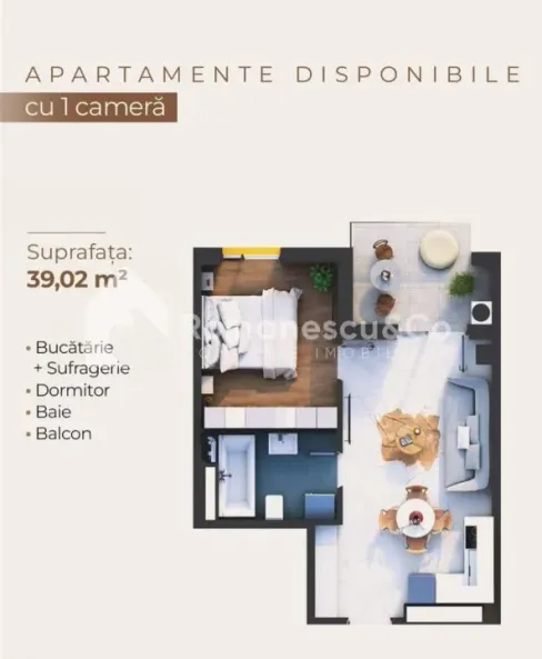 1-bedroom apartment, 39.02 m² — Image 1