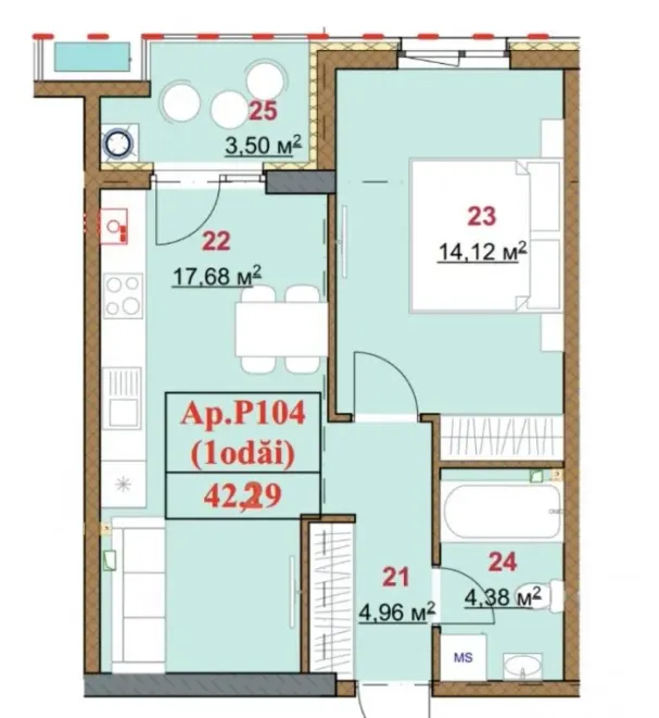 1-camere apartament, 42.29 m² — Imagine 2