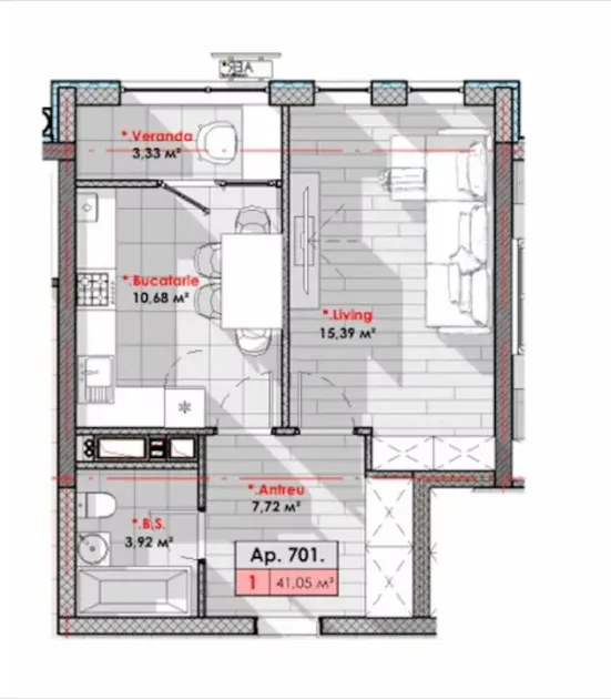 1-camere apartament, 41.05 m² — Imagine 4