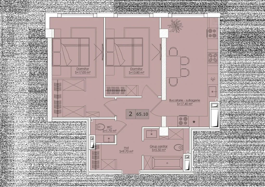 2-camere apartament, 65.1 m² — Imagine 2
