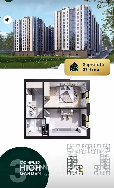 1-camere apartament, 37.4 m² — Imagine 2