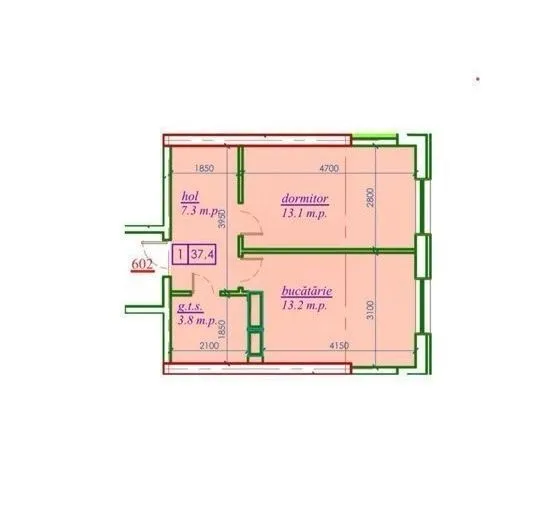 1-camere apartament, 37.4 m² — Imagine 3