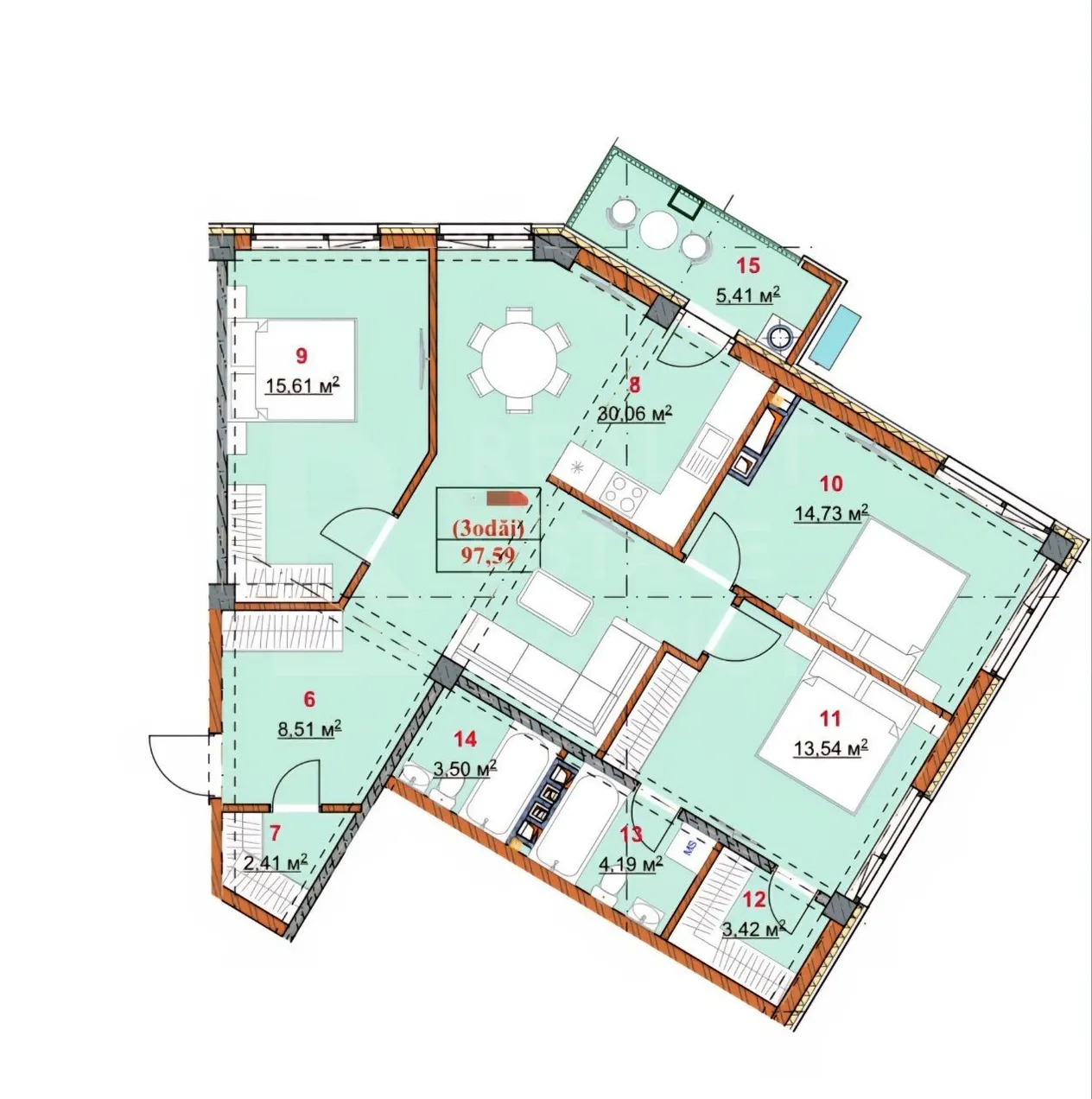 3-camere apartament, 98 m² — Imagine 2