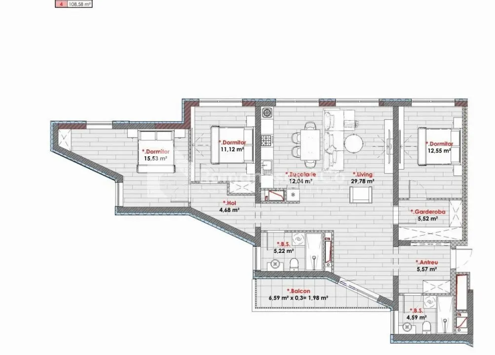 3-camere apartament, 108.58 m² — Imagine 2