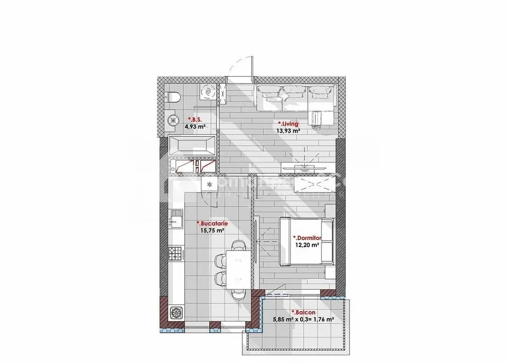 1-camere apartament, 48.24 m² — Imagine 2