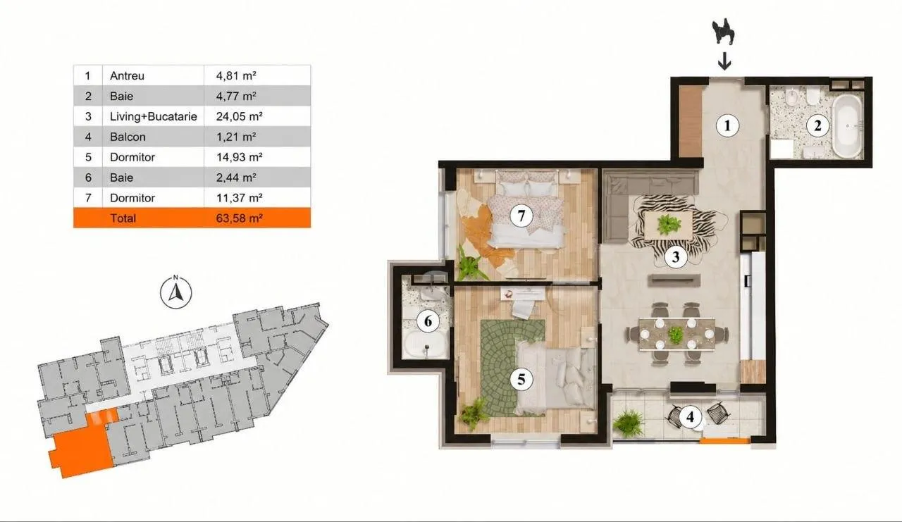 2-camere apartament, 64 m² — Imagine 3