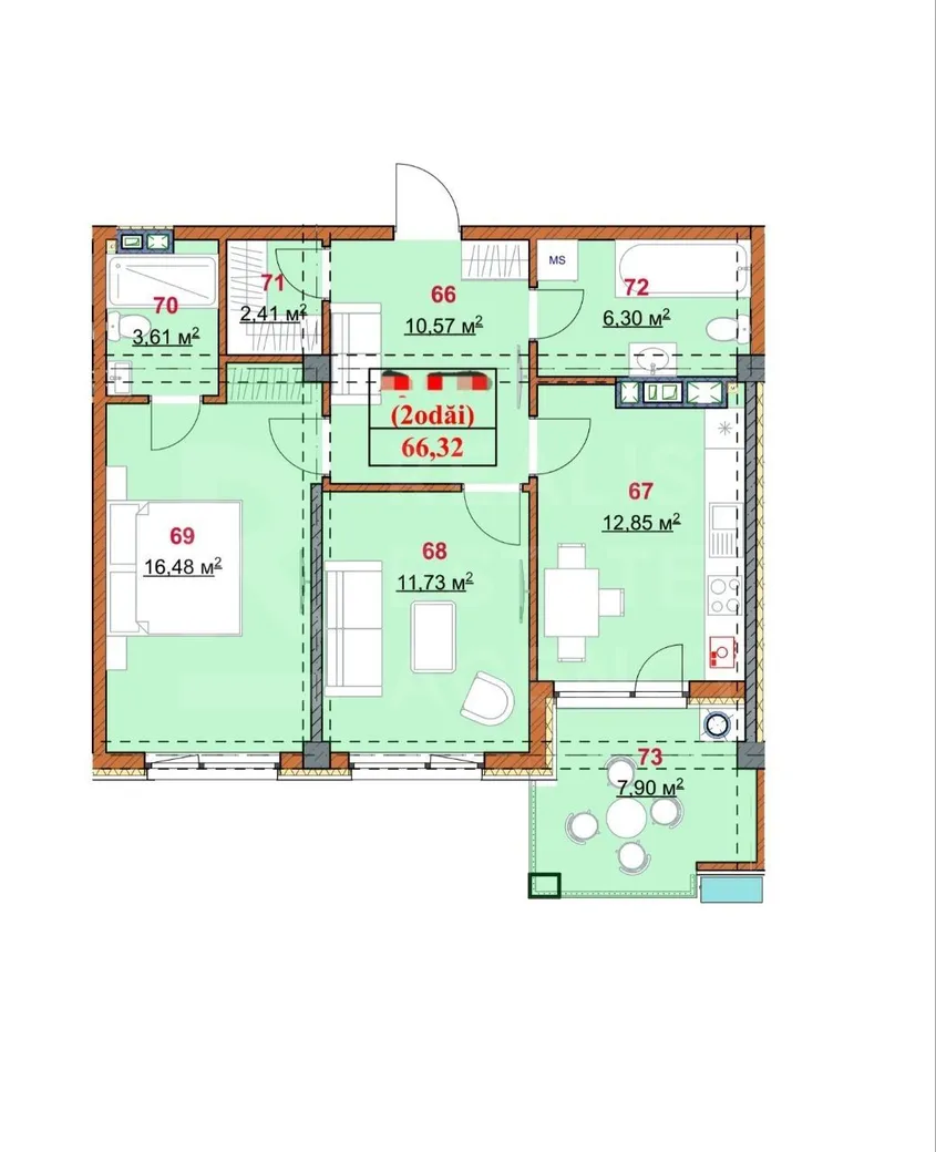 3-camere apartament, 66.32 m² — Imagine 2