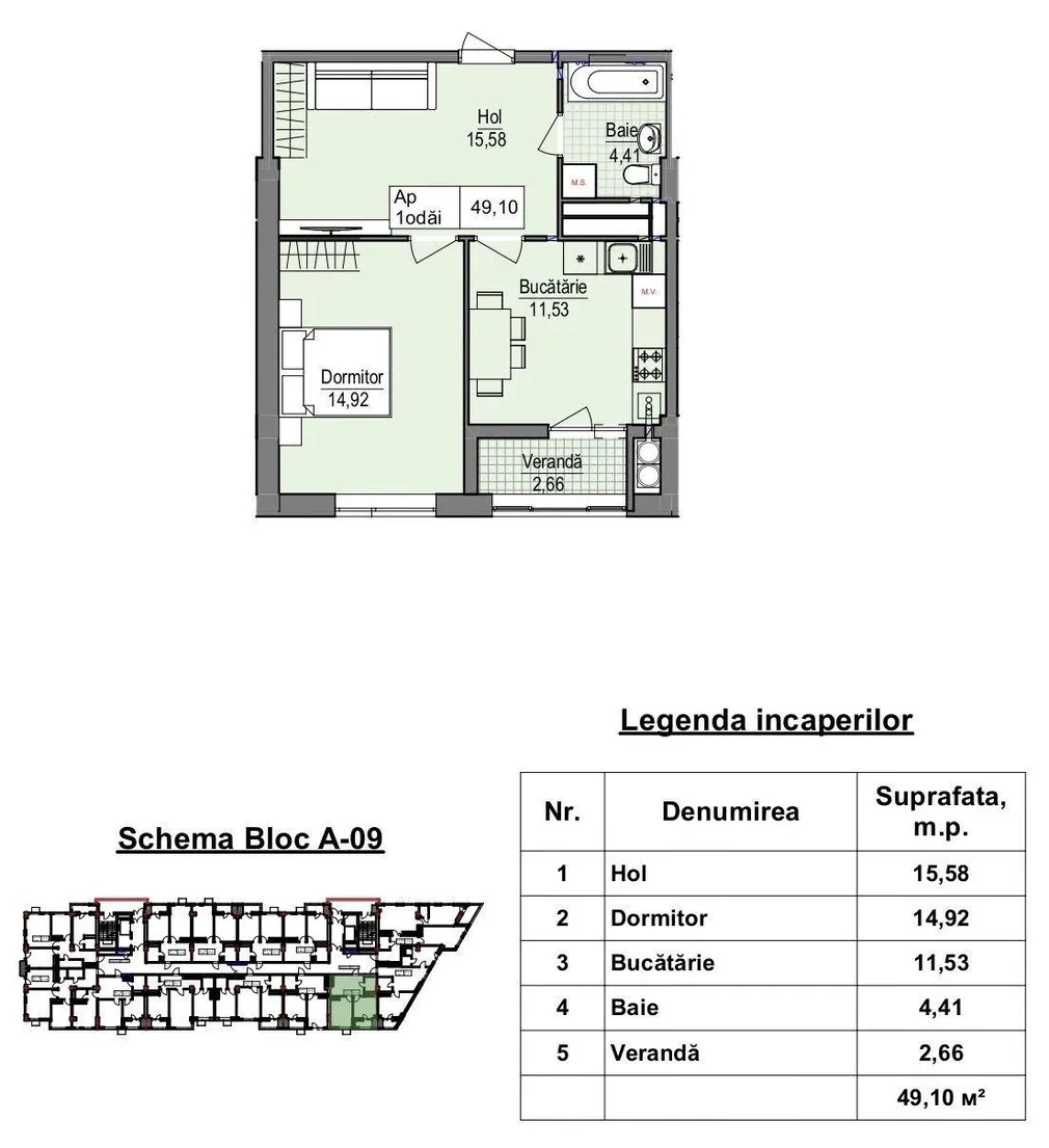 1-camere apartament, 49 m² — Imagine 3