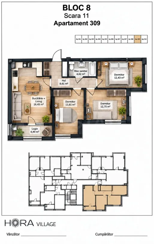 3-camere apartament, 75 m² — Imagine 3