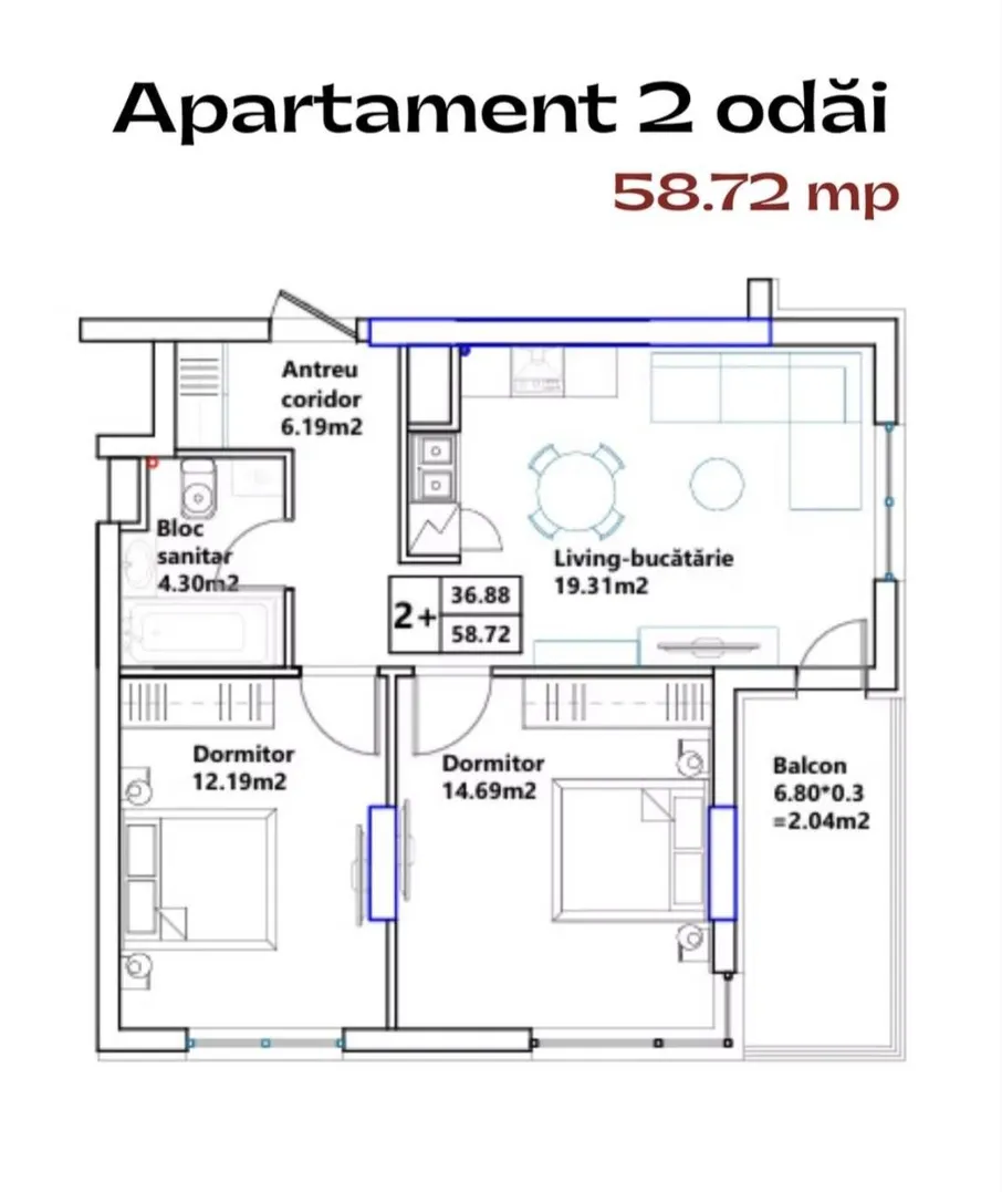2-bedroom apartment, 59 m² — Image 2