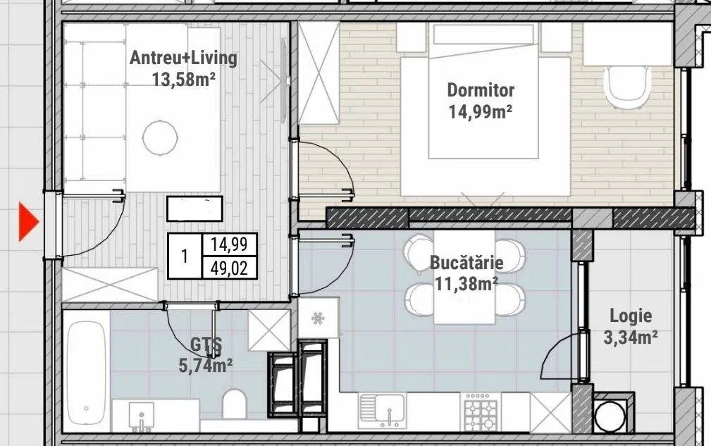1-camere apartament, 49 m² — Imagine 2