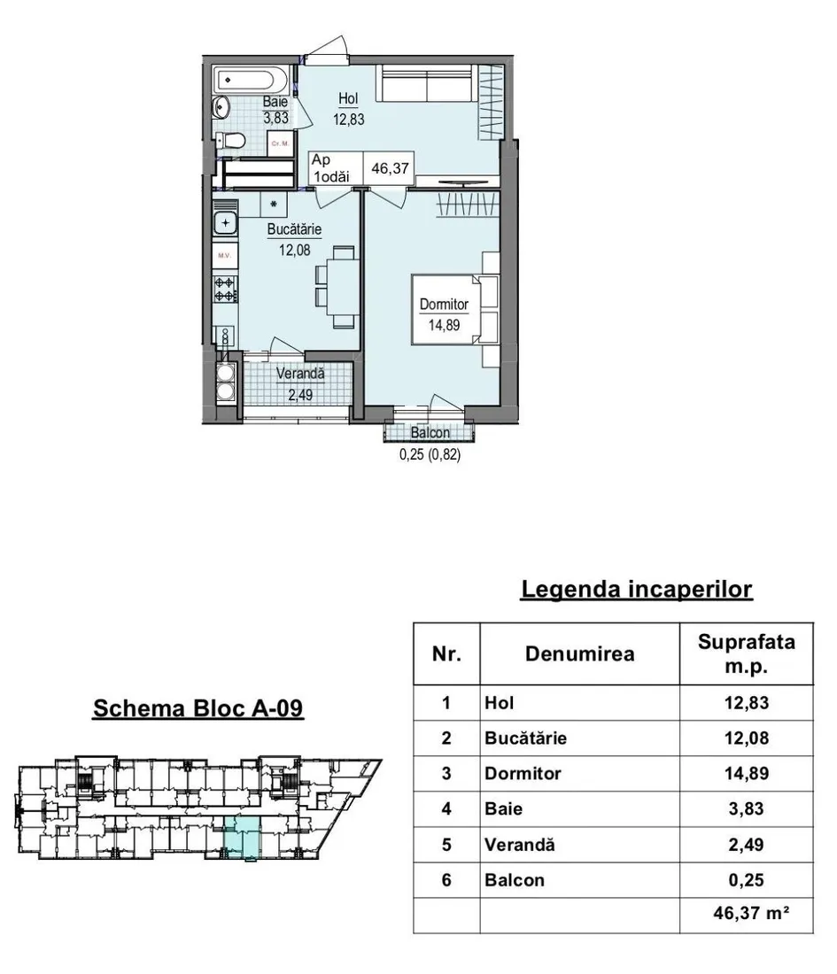 1-camere apartament, 47 m² — Imagine 3
