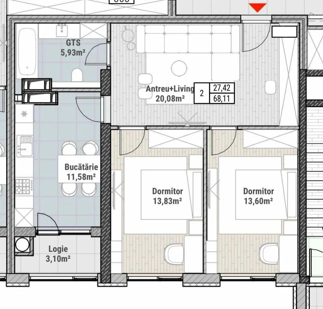 2-camere apartament, 68 m² — Imagine 2