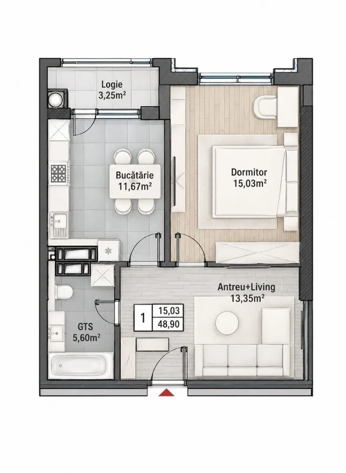 1-комнатная квартира, 49 м² — Изображение 2