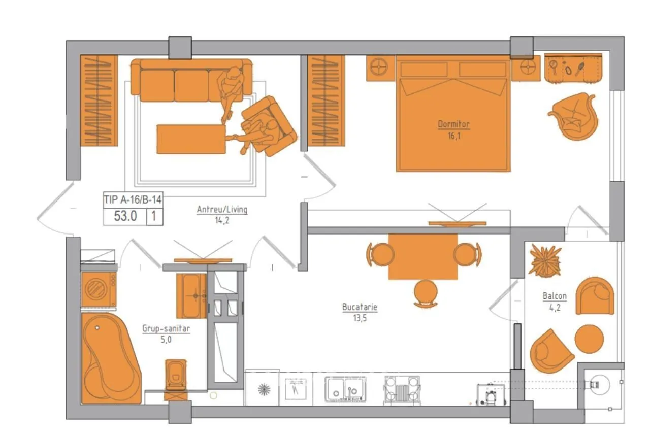 1-camere apartament, 53 m² — Imagine 2