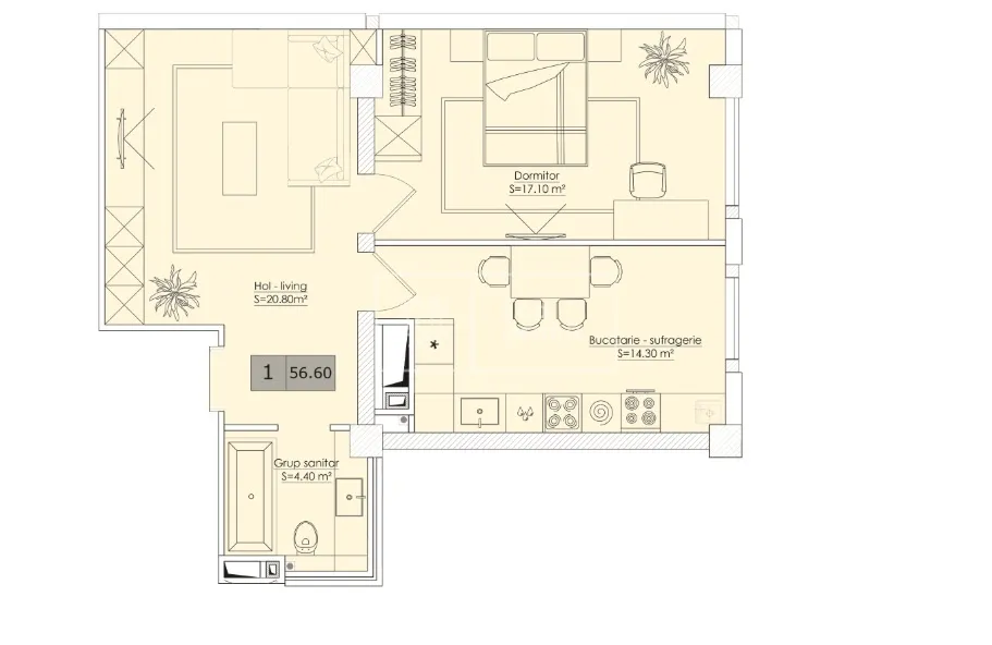 1-комнатная квартира, 56.5 м² — Изображение 1