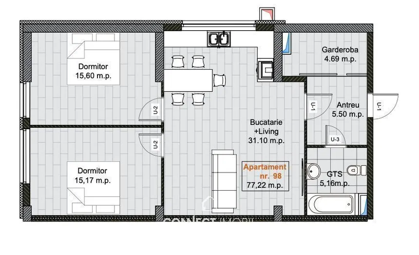 2-camere apartament, 60 m² — Imagine 4
