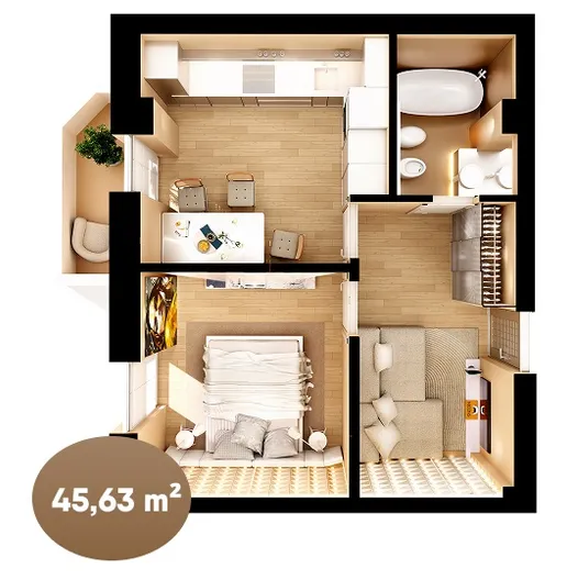 1-bedroom apartment, 45.63 m² — Image 4