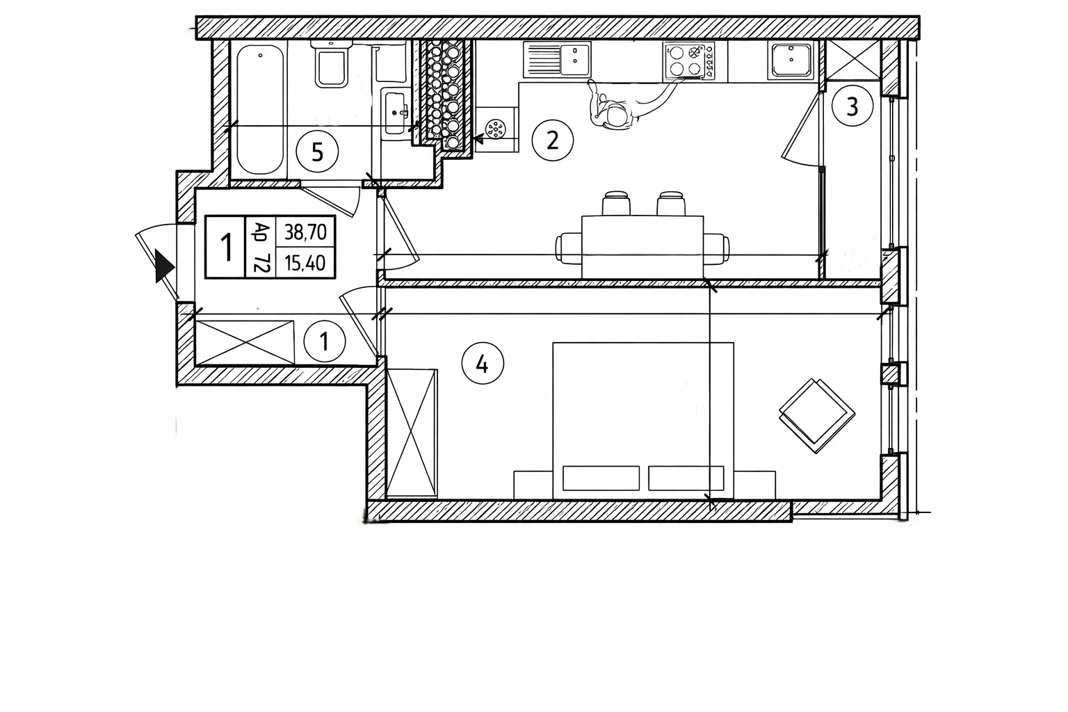 1-комнатная квартира, 42.55 м² — Изображение 2