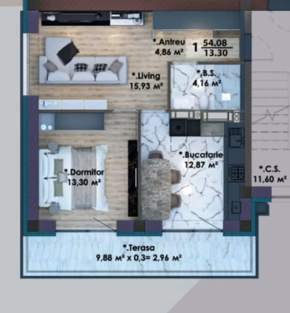 1-camere apartament, 54 m² — Imagine 3