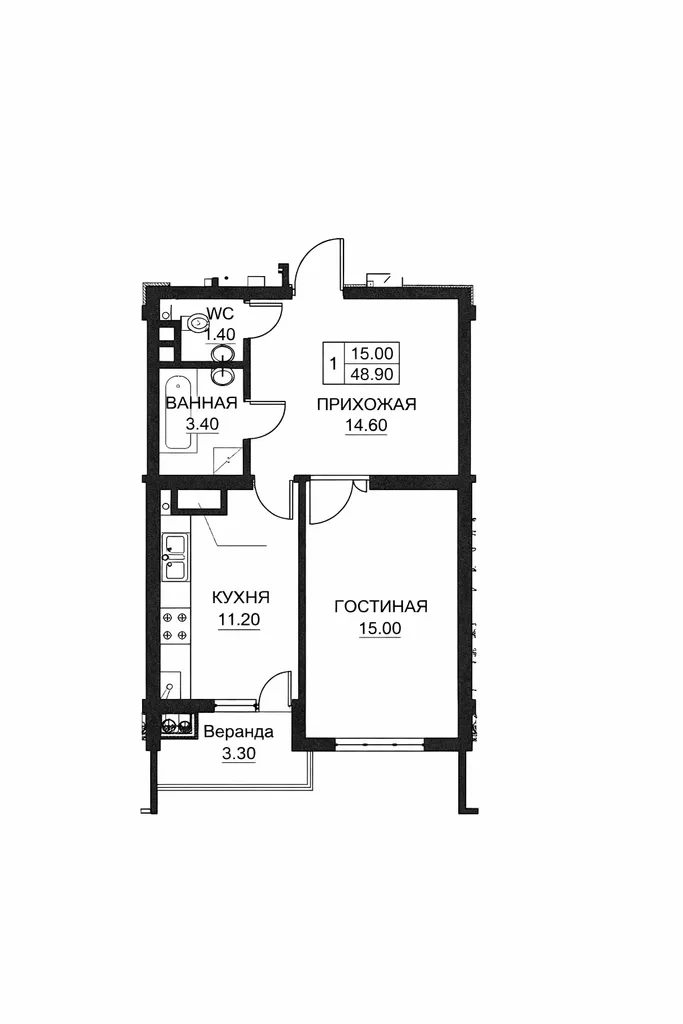 1-комнатная квартира, 48.9 м² — Изображение 2
