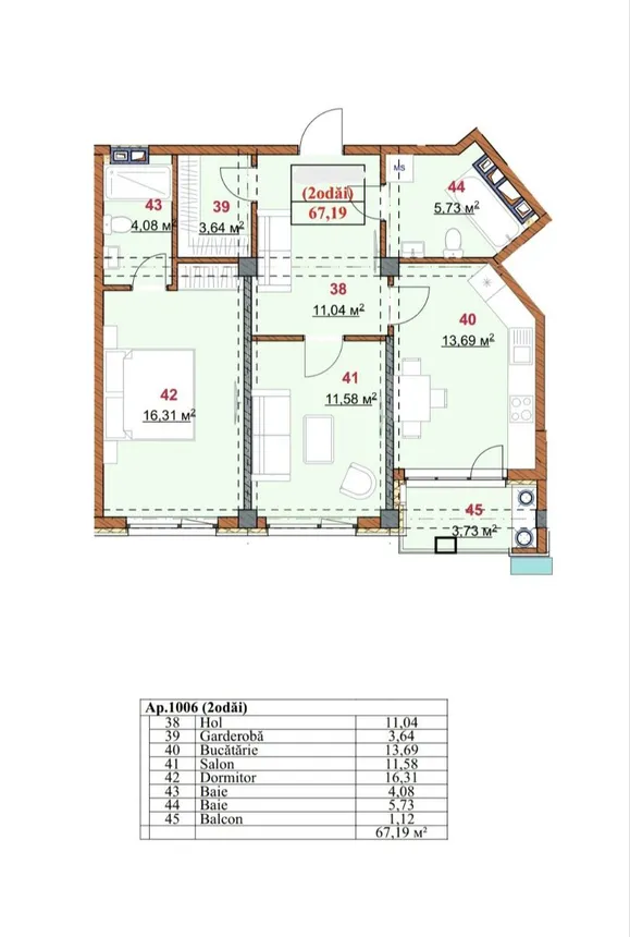 2-camere apartament, 68 m² — Imagine 2