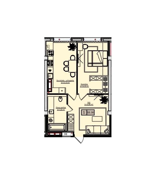 1-комнатная квартира, 55.3 м² — Изображение 2