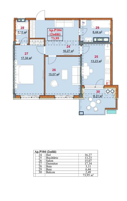 3-bedroom apartment, 73.95 m² — Image 2