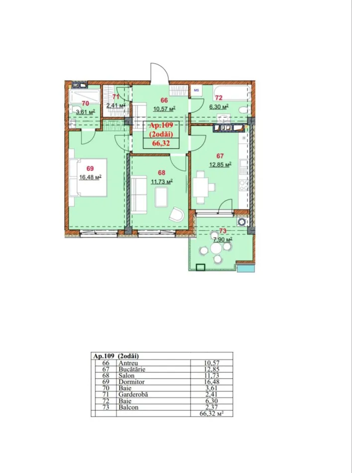 2-camere apartament, 66.23 m² — Imagine 2