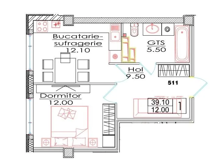 1-комнатная квартира, 39.1 м² — Изображение 2