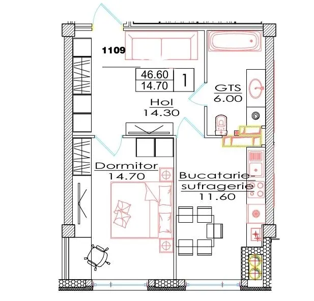1-camere apartament, 46.6 m² — Imagine 2