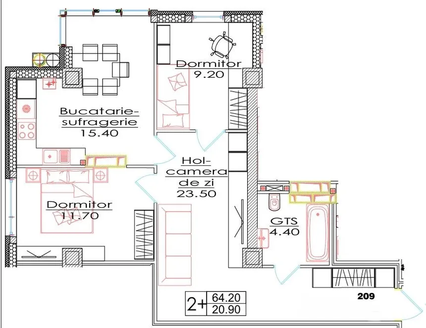 2-camere apartament, 64.2 m² — Imagine 3