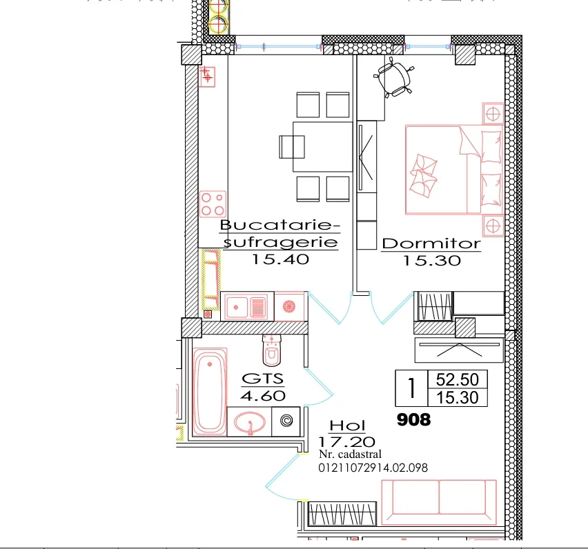 1-camere apartament, 52.5 m² — Imagine 3