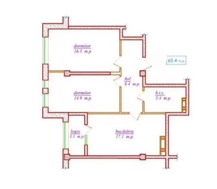 2-camere apartament, 65.4 m² — Imagine 2