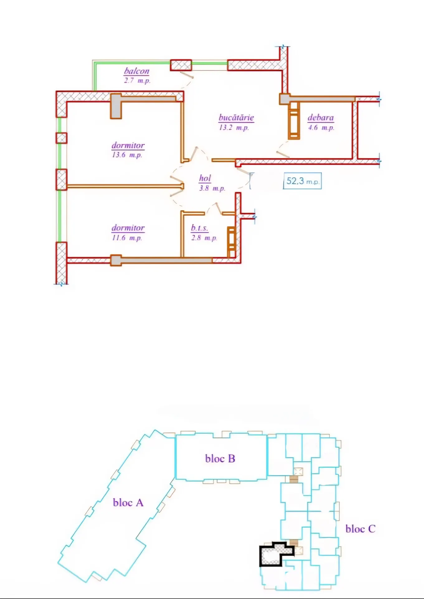 2-camere apartament, 52.3 m² — Imagine 2
