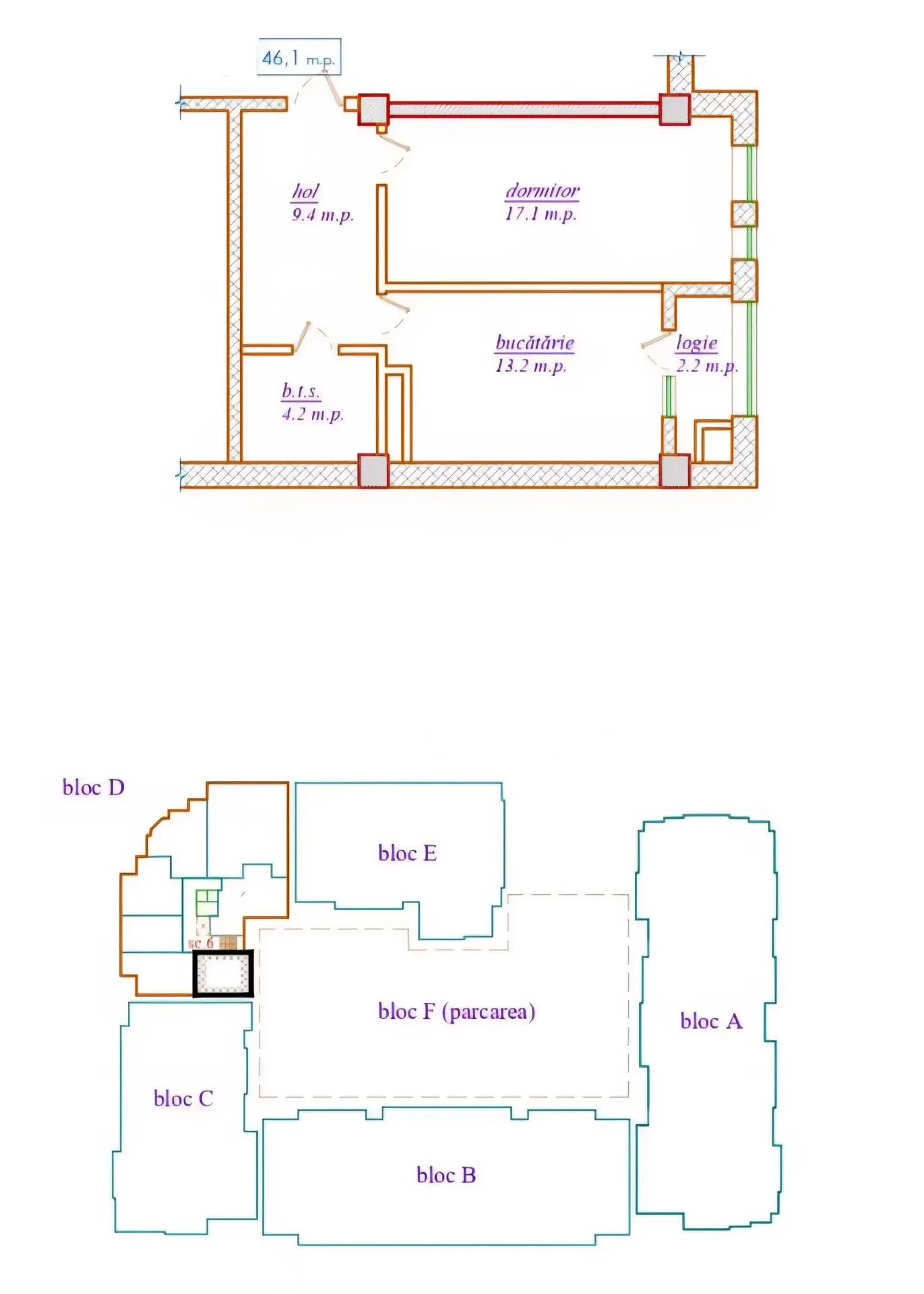 1-camere apartament, 46.1 m² — Imagine 2