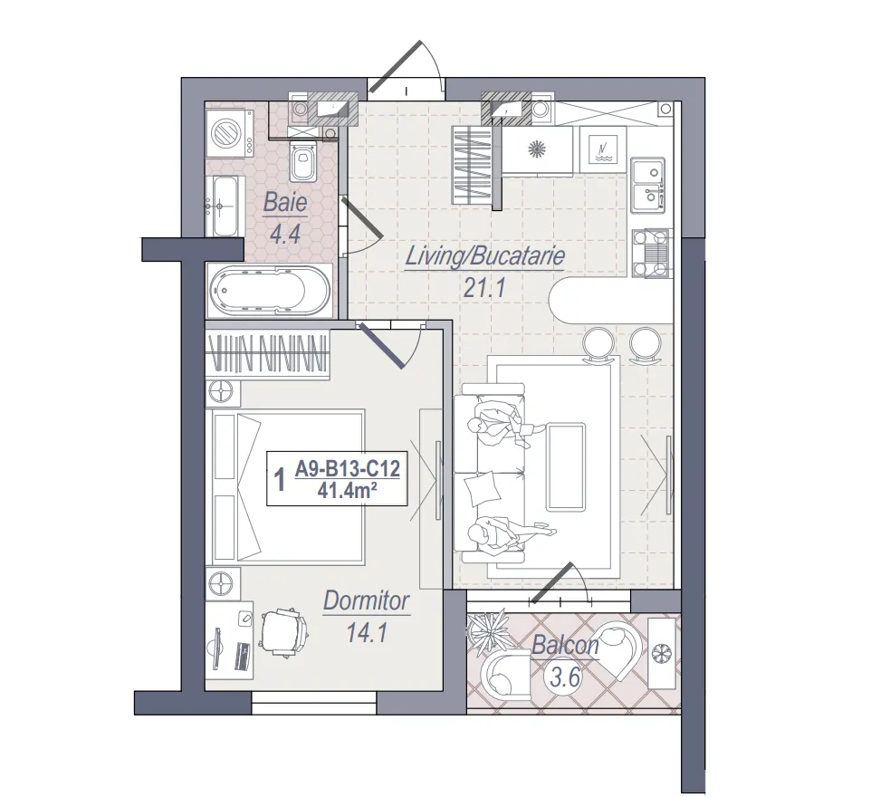 2-camere apartament, 41 m² — Imagine 3