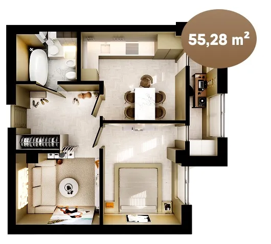 1-bedroom apartment, 55.28 m² — Image 1