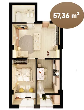 2-комнатная квартира, 57.36 м² — Изображение 1