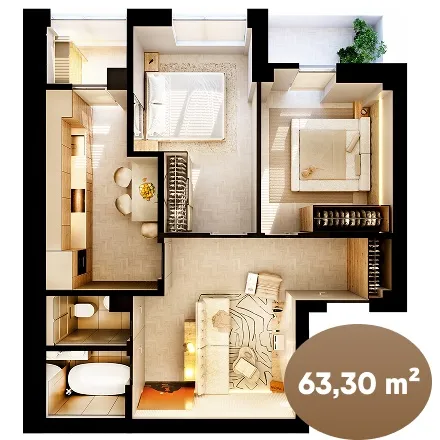 3-camere apartament, 63.3 m² — Imagine 1