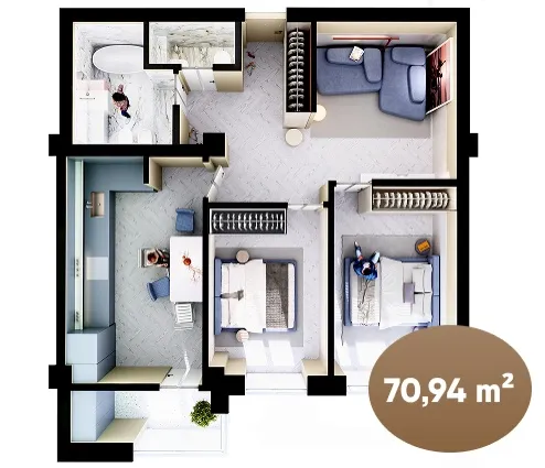 3-bedroom apartment, 70.94 m² — Image 1