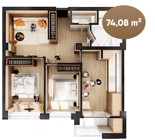 3-bedroom apartment, 74.08 m² — Image 1