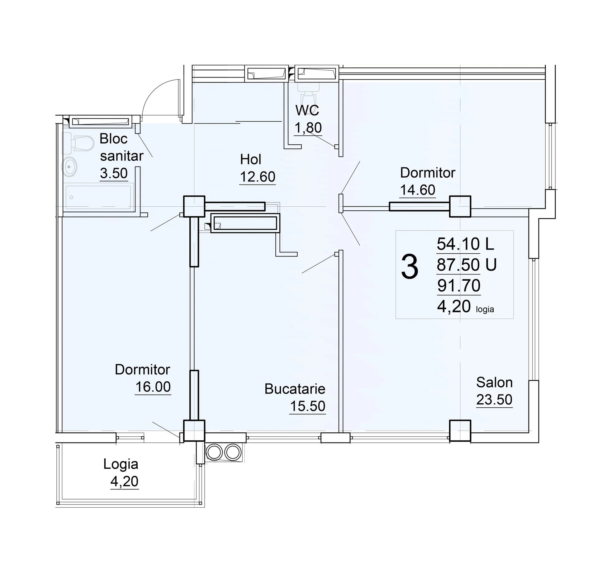 3-camere apartament, 91.7 m² — Imagine 3